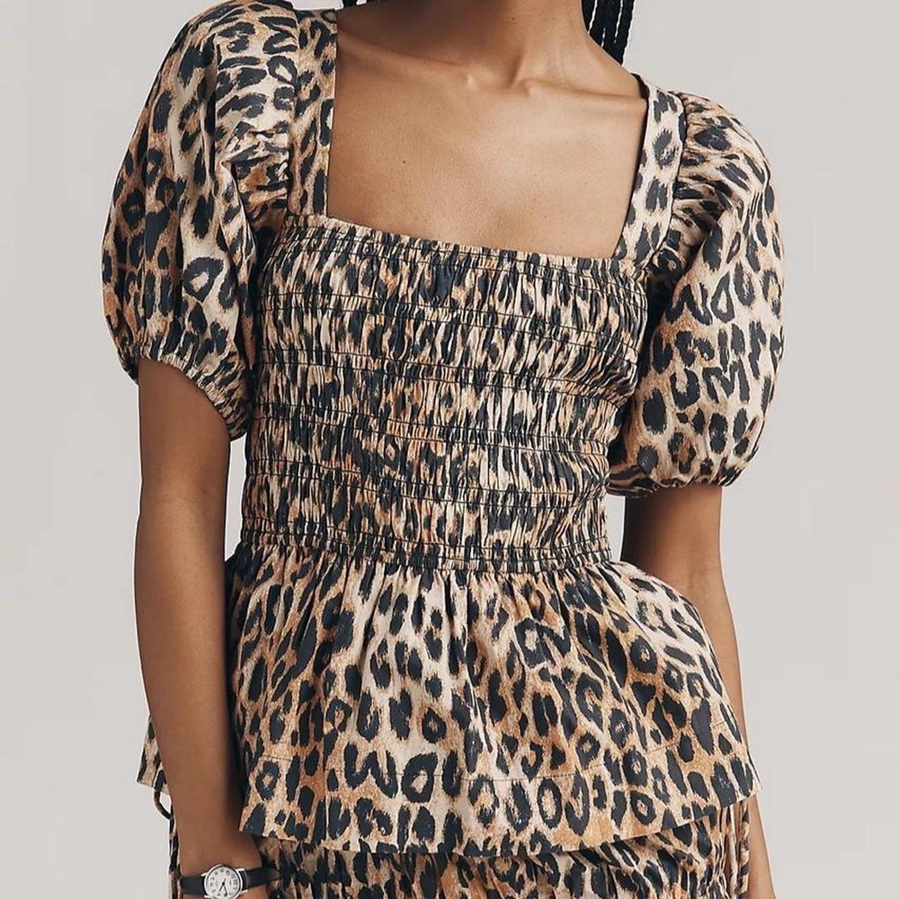 Damson Madder Allegra Blouse Women's Size 2 Brown Leopard Peplum NWT Cotton